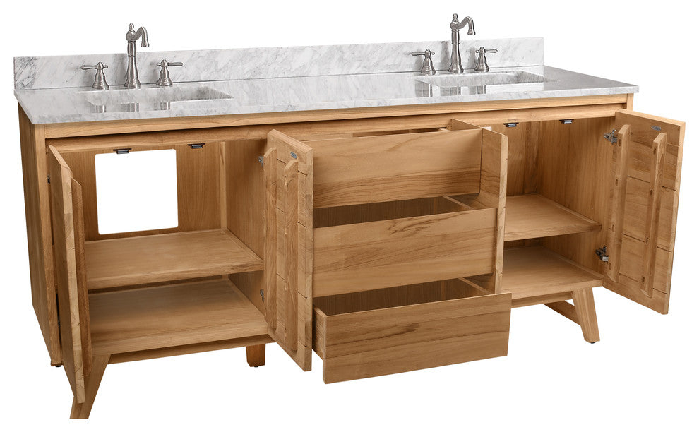 Avanity Coventry 73" Bath Vanity Combo, Natural Teak Finish, Carrara White Marble Top