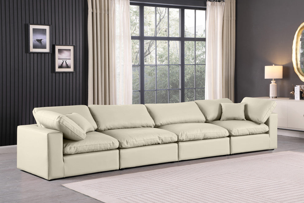 Comfy Upholstered Modular Sofa, Cream, 4-Piece: 2 Armless Chair, 2 Corner Chair, Vegan Leather