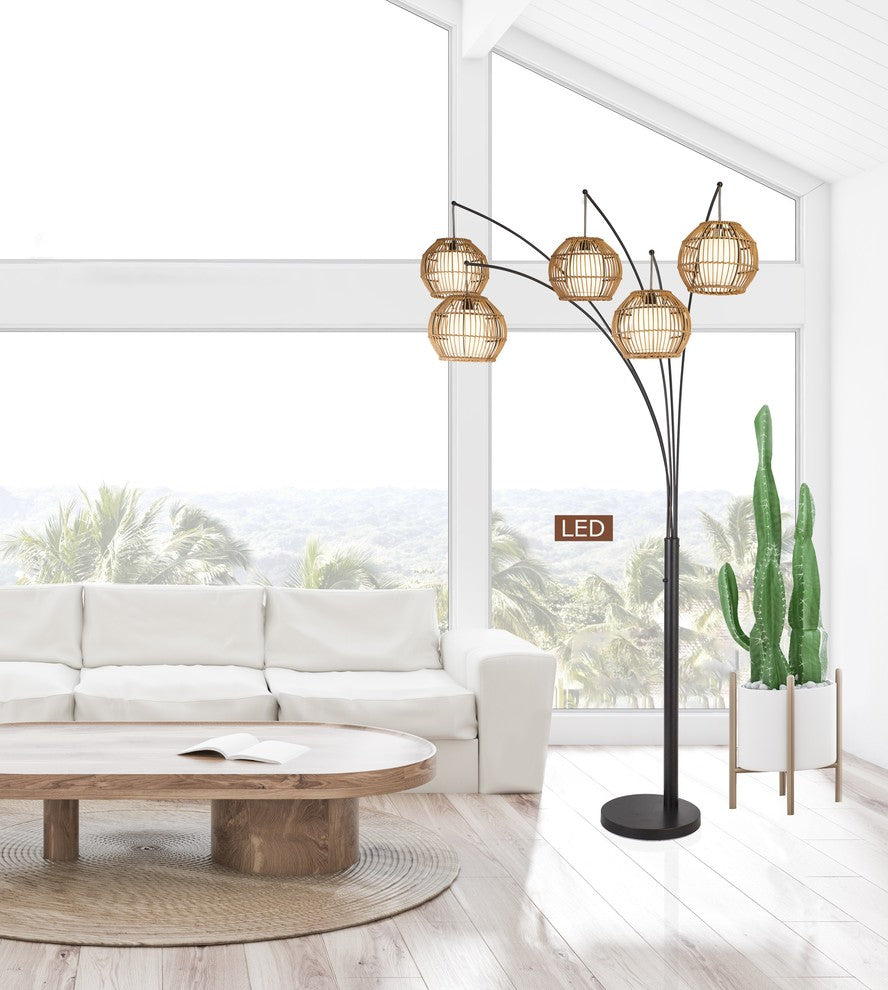 Bali 88" LED Arched Floor Lamp Handcrafted Rattan Shade, Oil Rubbed Bronze