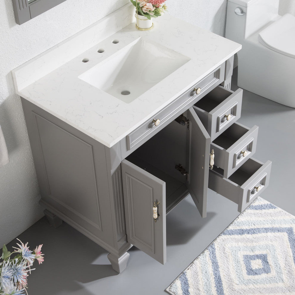 Solid Wood Bathroom Vanity with Quartz Top and cUPC Certified Sink, Titainum Grey, 36 Inch