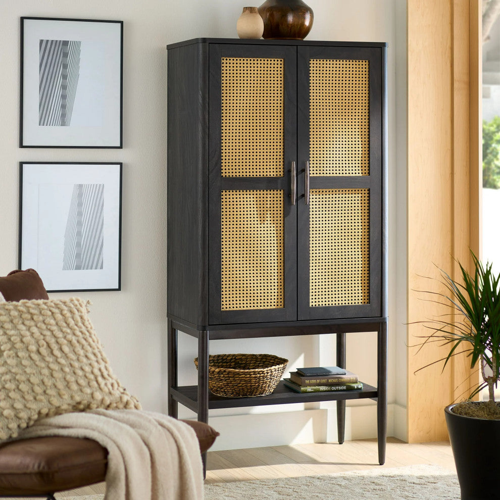 Tall Storage Cabinet with Rattan Front Doors and Adjustable Shelves, Charcoal
