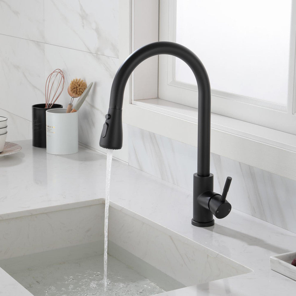 Wellfor Single-Handle Pull Down Sprayer Kitchen Sink Faucet, Matte Black