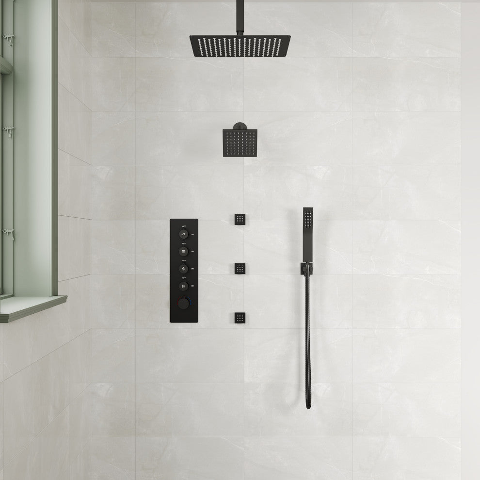 Dual Shower Heads 16" Thermostatic Shower System With Body Jets, Matte Black