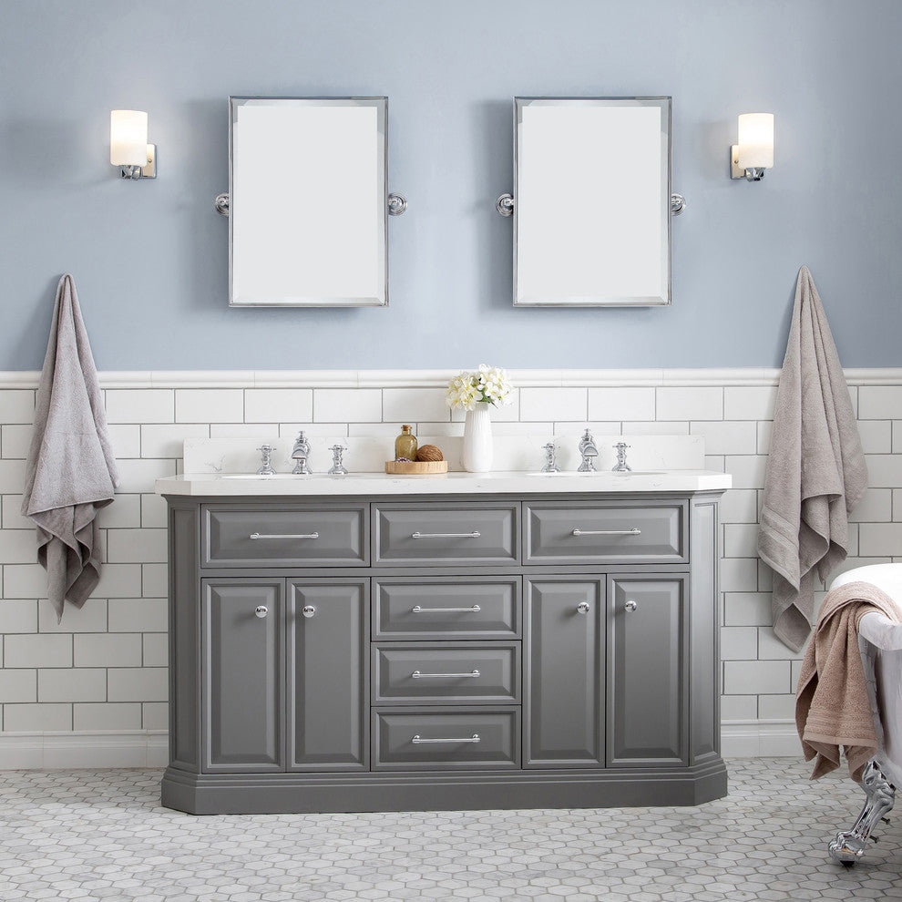 60" Palace Quartz Carrara Cashmere Gray Vanity With Hardware, Faucets in Chrome