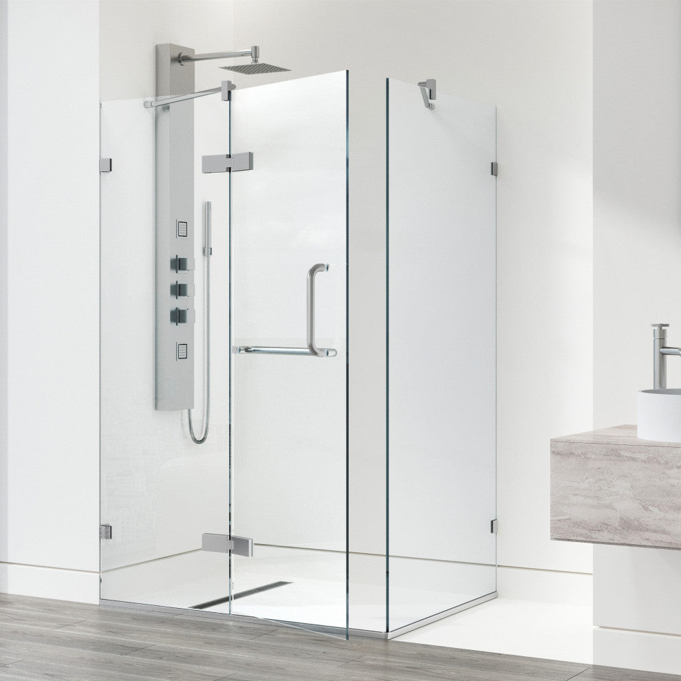 VIGO Monteray 30"D x 46"W x 73"H Frameless Hinged Shower Enclosure, Brushed Nickel, Without Base