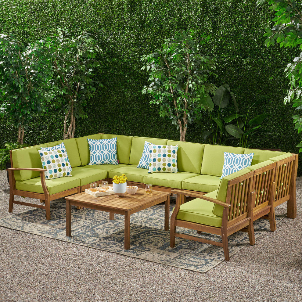 GDF Studio Judith Outdoor 9 Seater Sectional Sofa Set With Cushion, Teak/Green