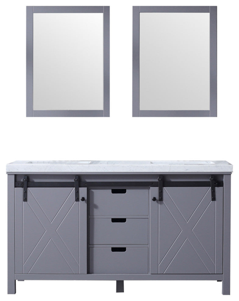 Marsyas 60" Dark Gray Double Vanity Carrara Marble Top Sinks, 24" Wall Mirrors