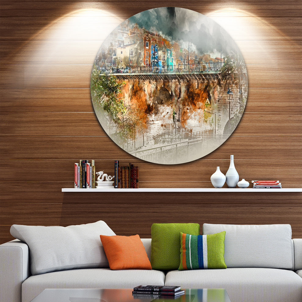 Villajoyosa Town Digital Painting, Cityscape Round Wall Art, 36"