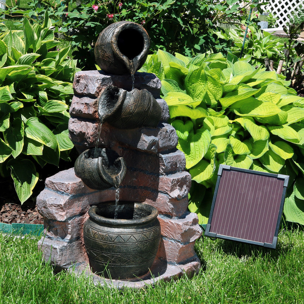 Sunnydaze Crumbling Bricks and Pots Solar-on-Demand LED Fountain, 27"