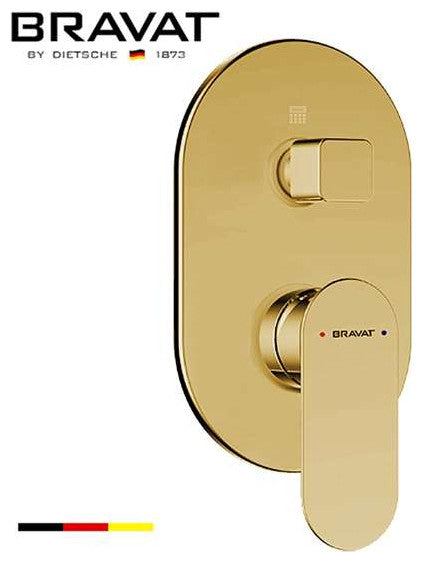 Bravat Brushed Gold Square Shower Set, Valve Mixer 3-Way Concealed Wall Mount