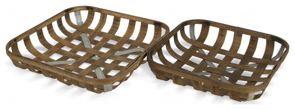 Set of Two Wood and Metal Lattice Weave Baskets