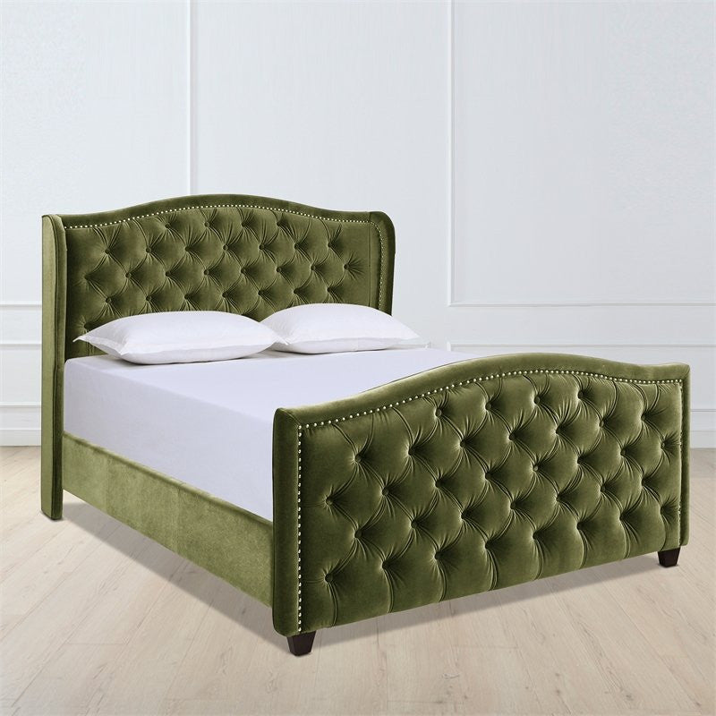 Marcella Upholstered Tufted Shelter Wingback Panel Bed, Olive Green Performance Velvet, Queen