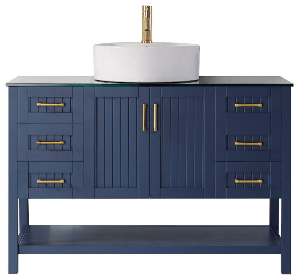 48"? Vanity in Royal Blue with Glass Countertop with White Vessel Sink No Mirror
