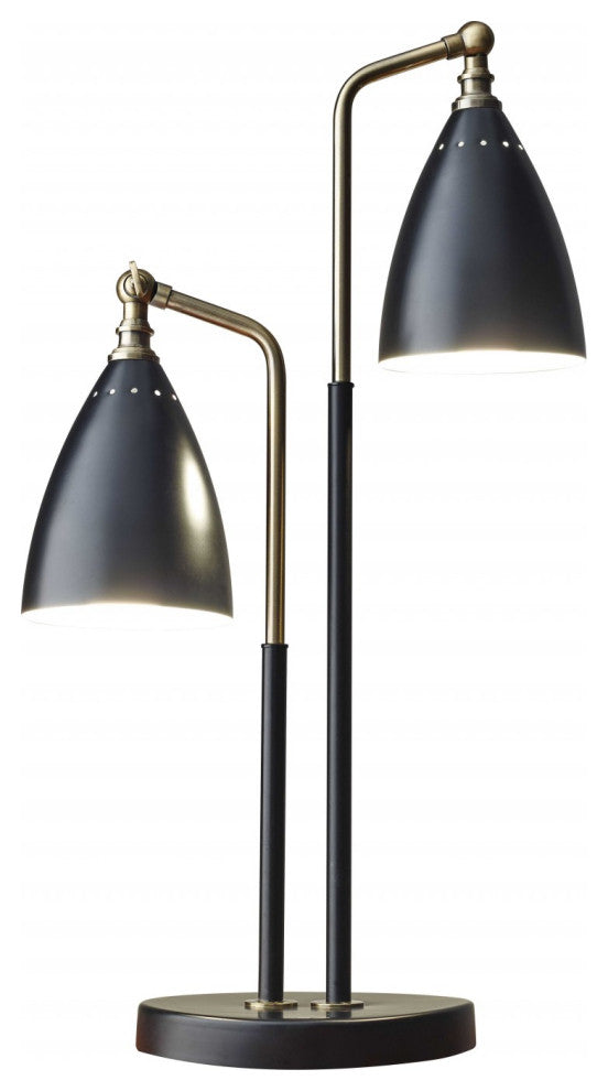 Matte Black Metal And Antique Brass Two Light Adjustable Table Lamp