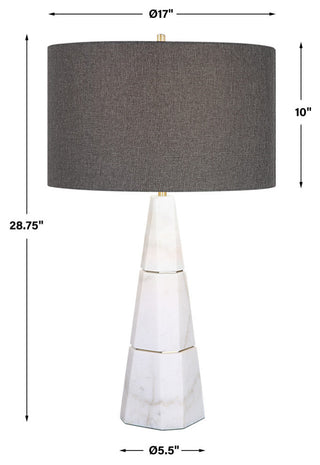 Luxe Tapered White Marble Pyramid Table Lamp 29 in Faceted Gray Veined Brass