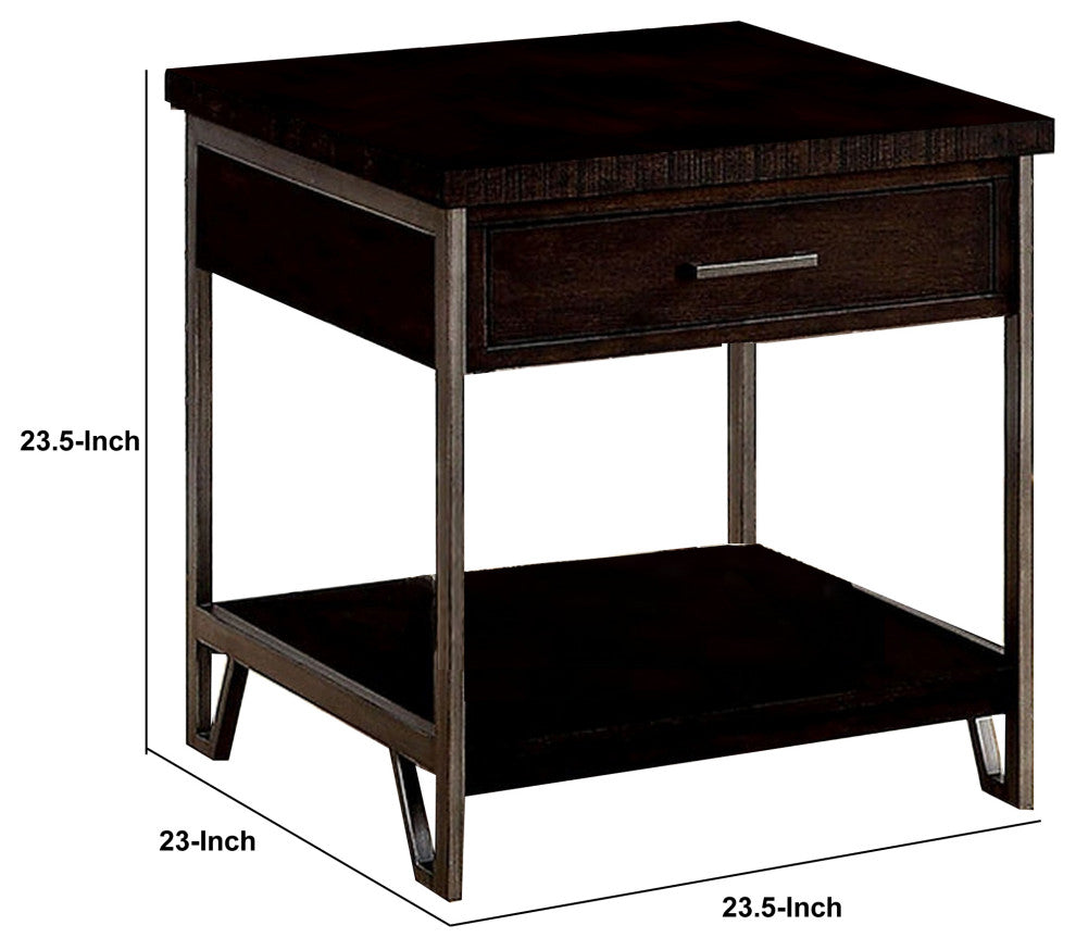 Benzara BM233838 1 Drawer Wooden End Table With Metal Frame, Brown