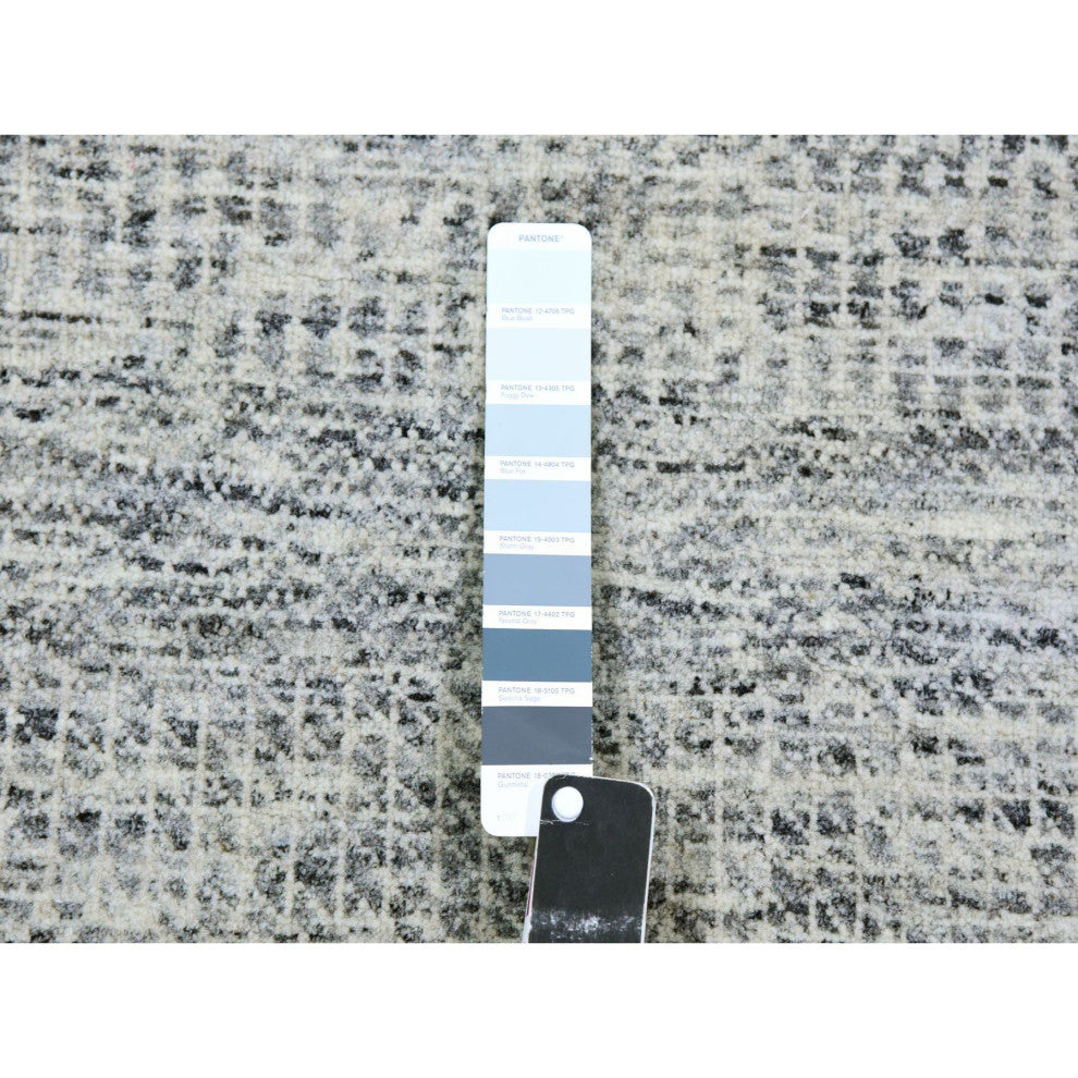 Silver Gray 100% Undyed Wool Grass Design Hand Knotted Wide Runner Rug 4'x10'1"