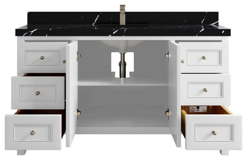 Nashville 60" Single Bathroom Vanity, White 2" Calacatta Black