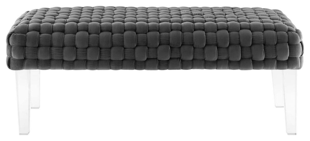 Ottoman Bench Gray, Velvet, Modern, Mid Century Hotel Lounge Cafe