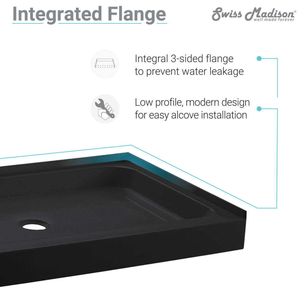 Voltaire 48"x36" Acrylic Black, Single-Threshold, Center Drain, Shower Base