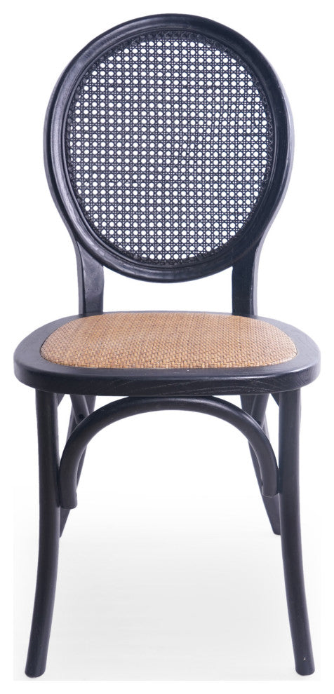Bordeaux Elm Wood and Rattan Dining Chairs, Set of 2, Matte Black