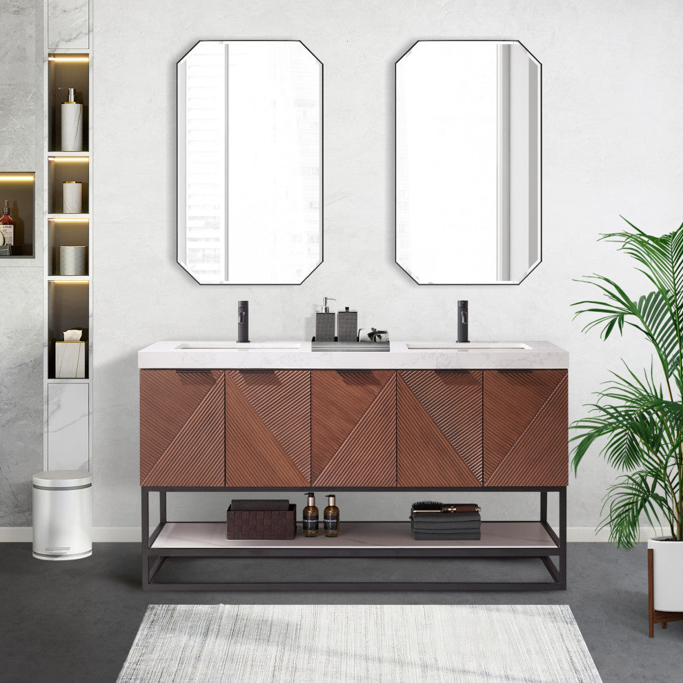 Mahon Bath Vanity, Stone Top, Matte Black Base, 60", Double Vanity, No Mirror