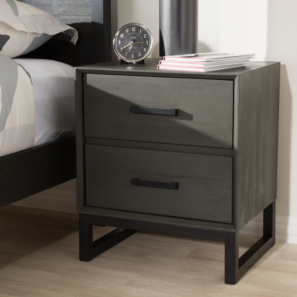 Parris Rustic Gray Wood and Black Metal 2-Drawer Nightstand