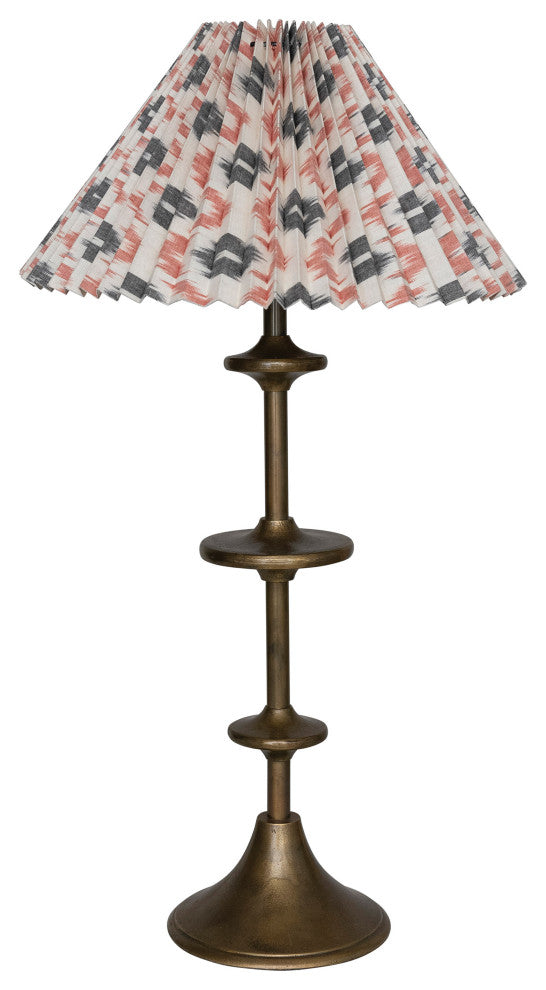 15.75" Round Metal Candlestick Table Lamp, Pleated Cotton Ikat Shade, Multi