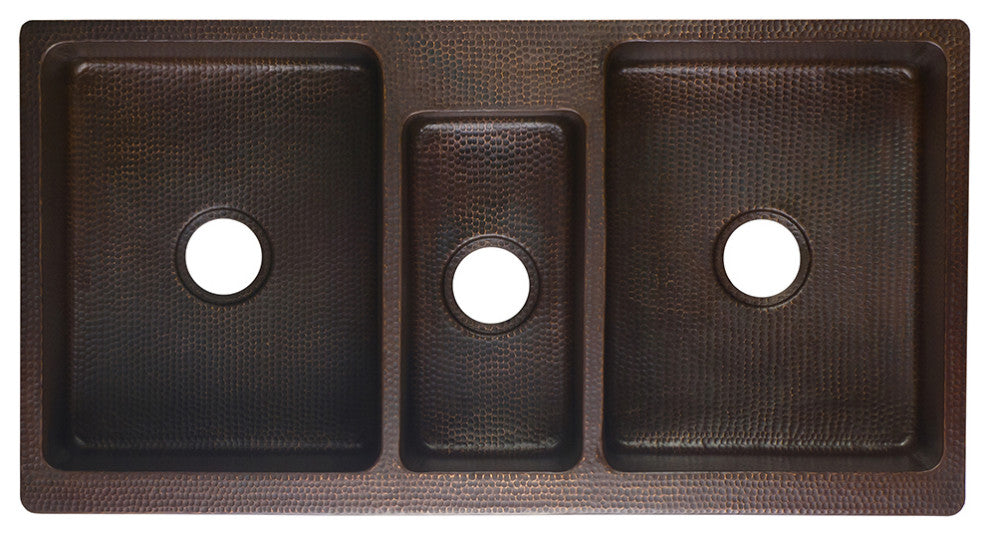 42" Hammered Copper Kitchen Apron Triple Basin Sink