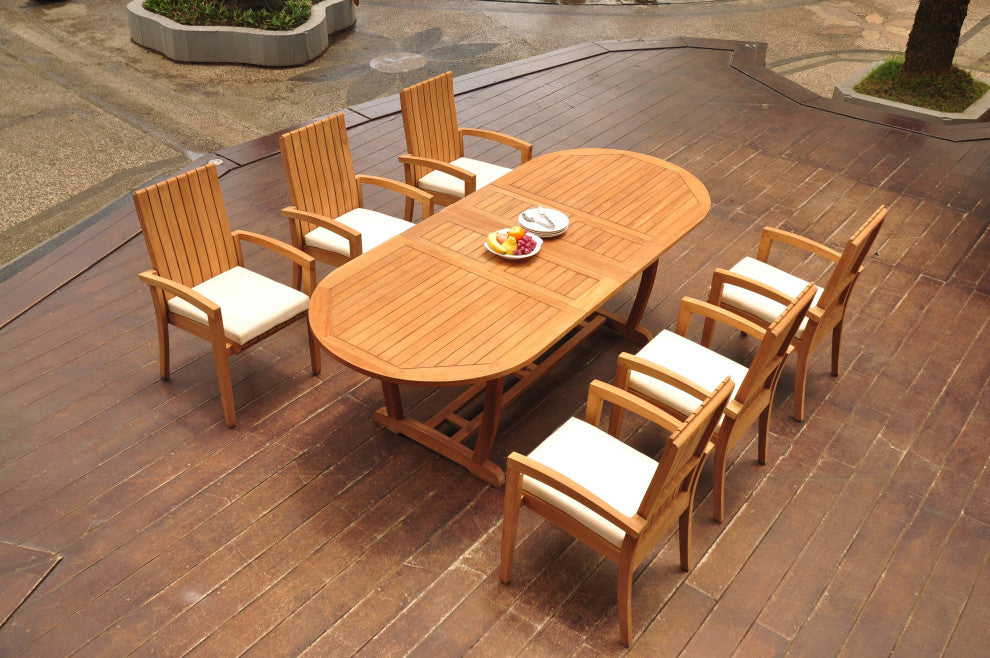 7-Piece Outdoor Teak Dining Set: 94" Masc Oval Table, 6 Goa Stacking Arm Chairs