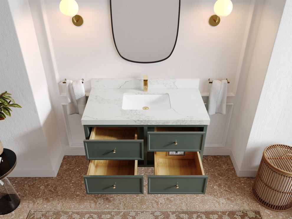 Roswell Floating 42" Single Sink Bath Vanity, Pewter Green 2" Calacatta Nuvo