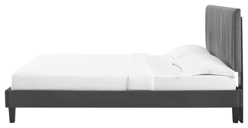 Platform Bed Frame, Twin Size, Velvet, Dark Grey Gray, Modern Contemporary