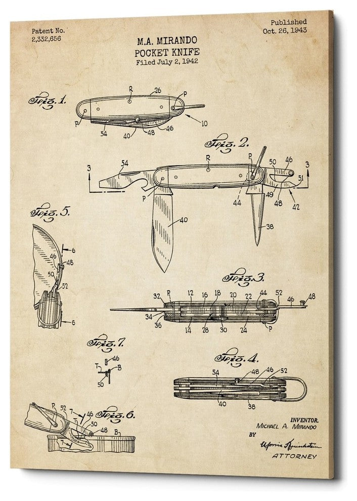 Epic Graffiti "Pocket Knife Blueprint Patent Parchment" Giclee Canvas, 18"x26"