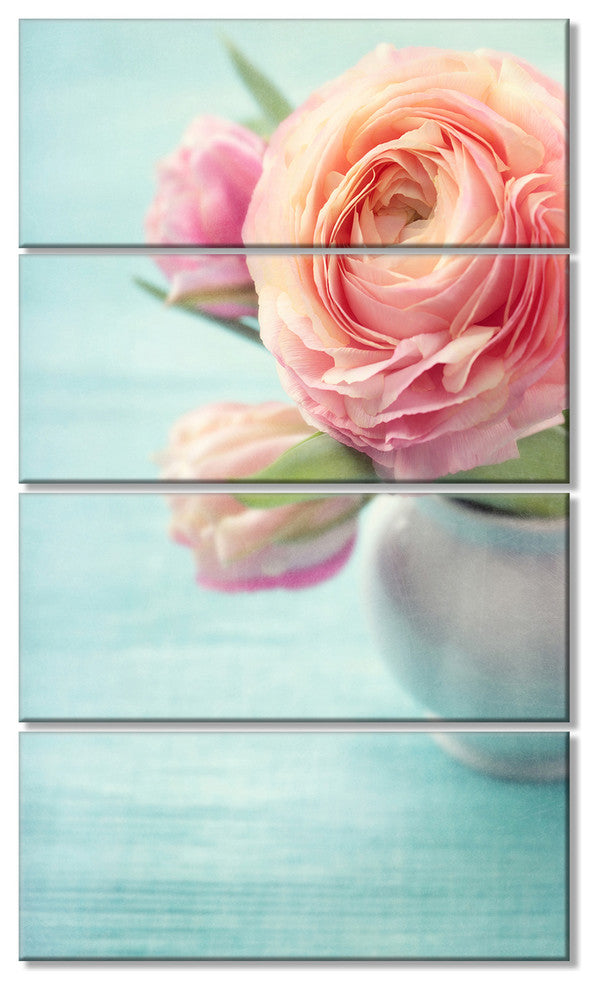 Beautiful Pink Flowers in Vase, Floral Canvas Art Print, 28"x48", 4 Panels