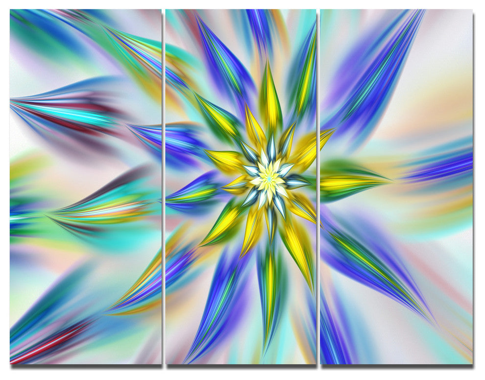 Dancing Blue Fractal Flower, Floral Triptych Canvas Art Print, 36x28, 3 Panels