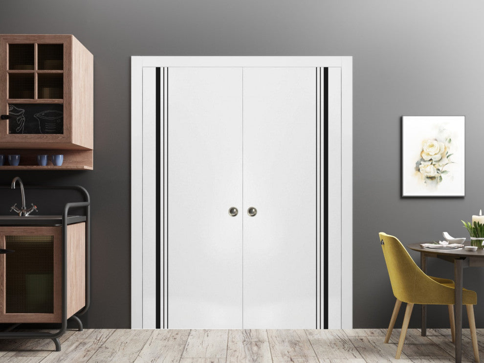French Double Pocket Doors 64x96 | Planum 0011 White Silk | Kit Trims Rail