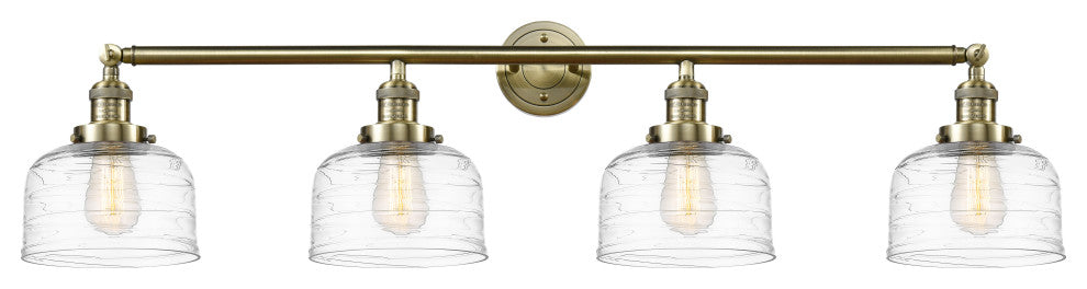 Large Bell 4 Light Bath Vanity Light, Antique Brass, Clear Deco Swirl