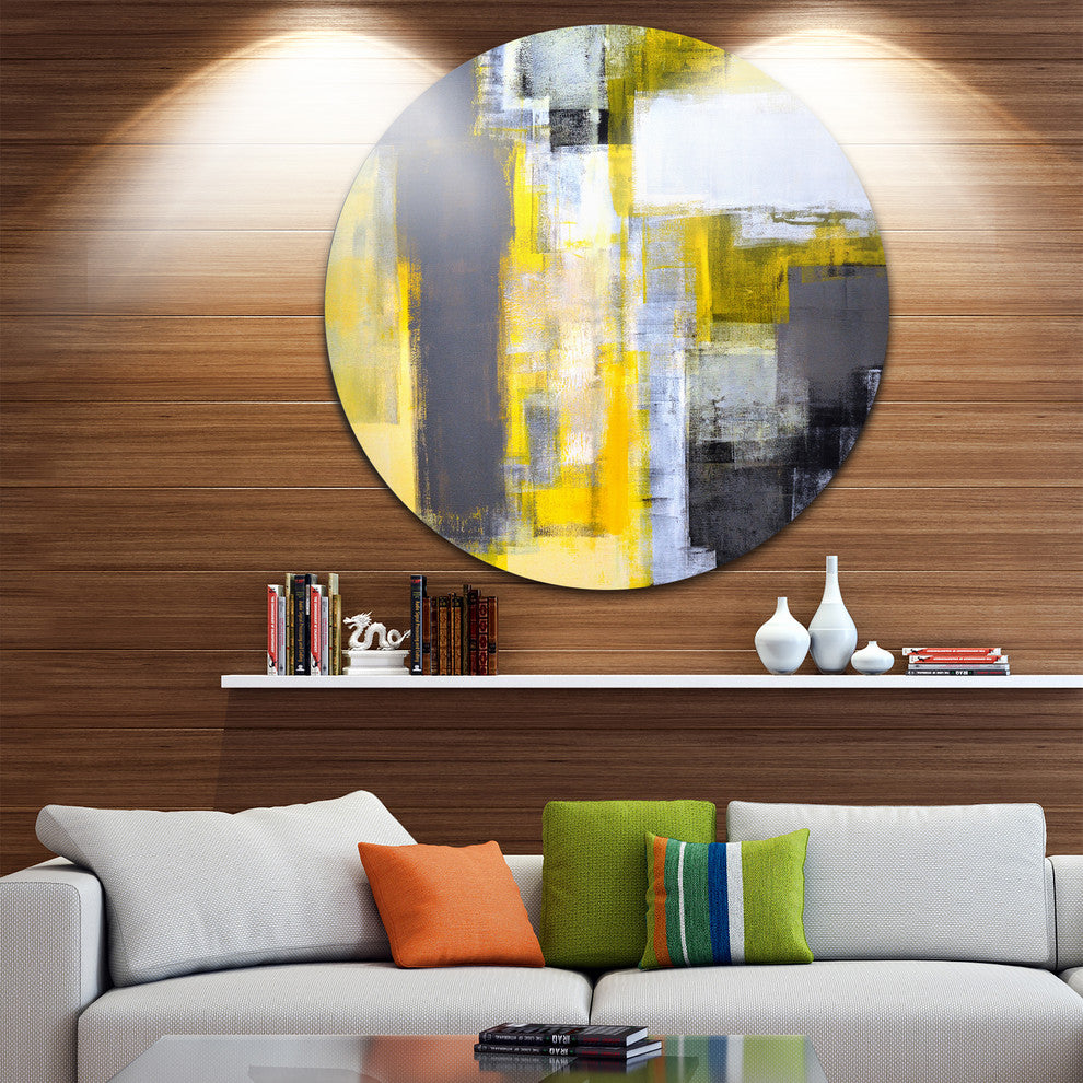 Gray and Yellow Blur Abstract Abstract Glossy Circle Metal Wall Art 36"