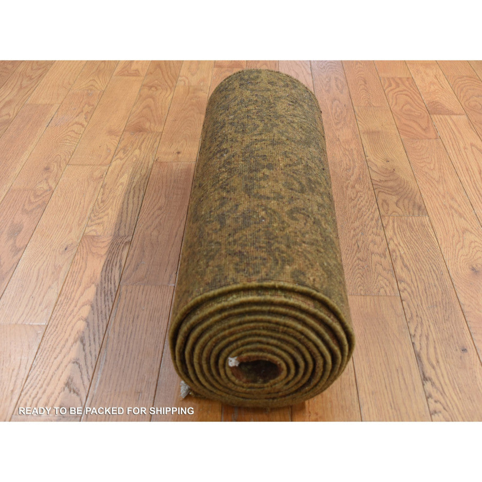 Brown, Abarasque Design, Wool and Silk Hand Knotted Runner Rug, 2'5"x11'4"