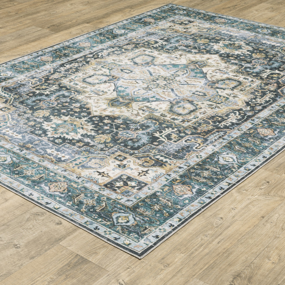 Celestia Machine Washable Medallion Indoor Area Rug, Blue, 7'6"x10'
