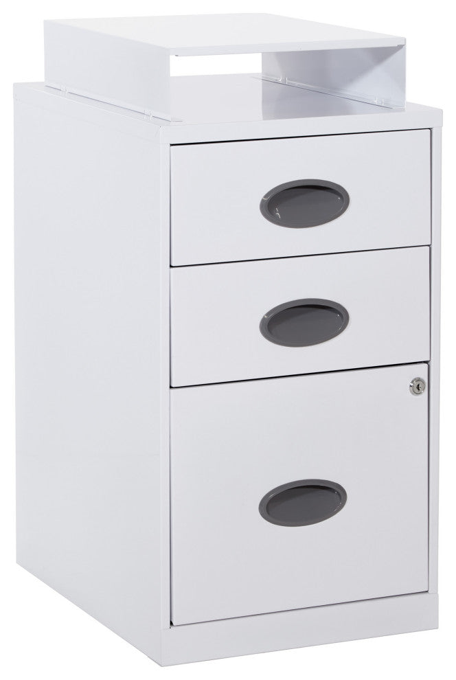 3 Drawer Locking Metal File Cabinet With Top Shelf, White