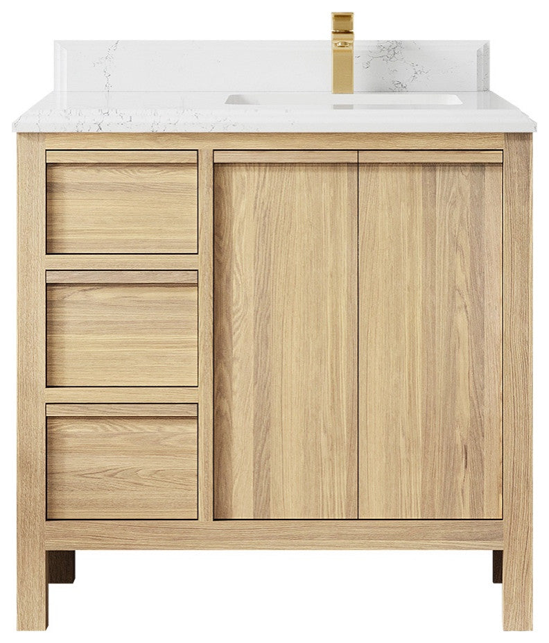 Elizabeth Oak 36" Right Offset Sink Vanity, White 1.5" Empira Quartz