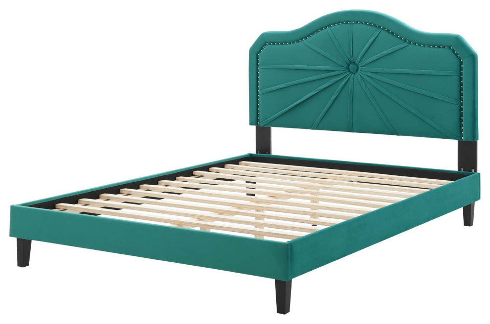Platform Bed Frame, King Size, Velvet, Teal Blue, Modern Contemporary, Bedroom