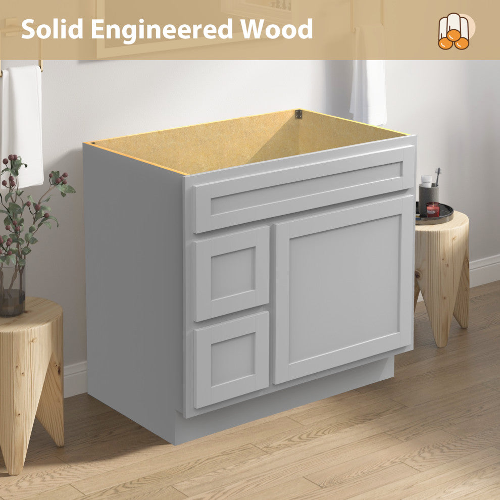 Vanity Art Vanity Base Cabinet, No Top, Drawers on Left, 36", Gray