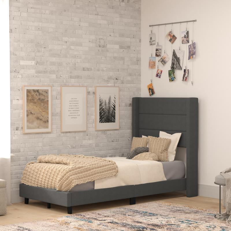 Hollis Upholstered Platform Bed with Wingback Headboard w/Mattress Foundation, Charcoal, Twin