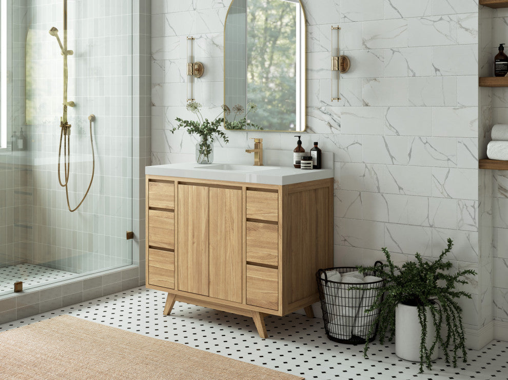 Madison Teak 42 Single Sink Bath Vanity in Light Natural 2" Calacatta Laza
