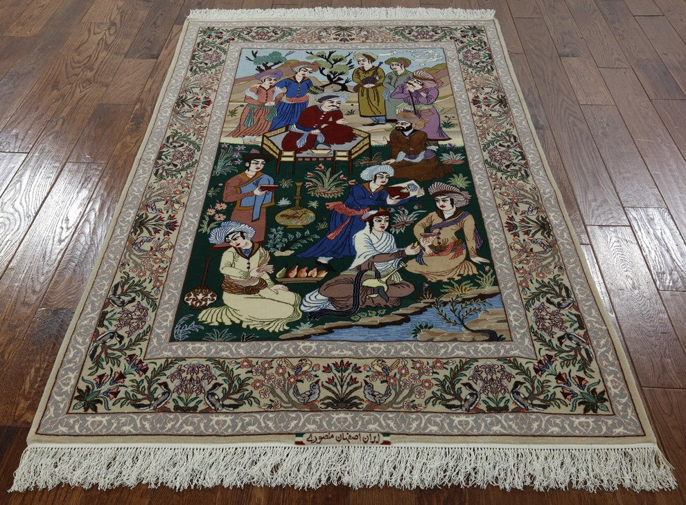 Authentic Persian Isfahan Pictorial Scene Hand Knotted Wool and Silk Rug, 4x6
