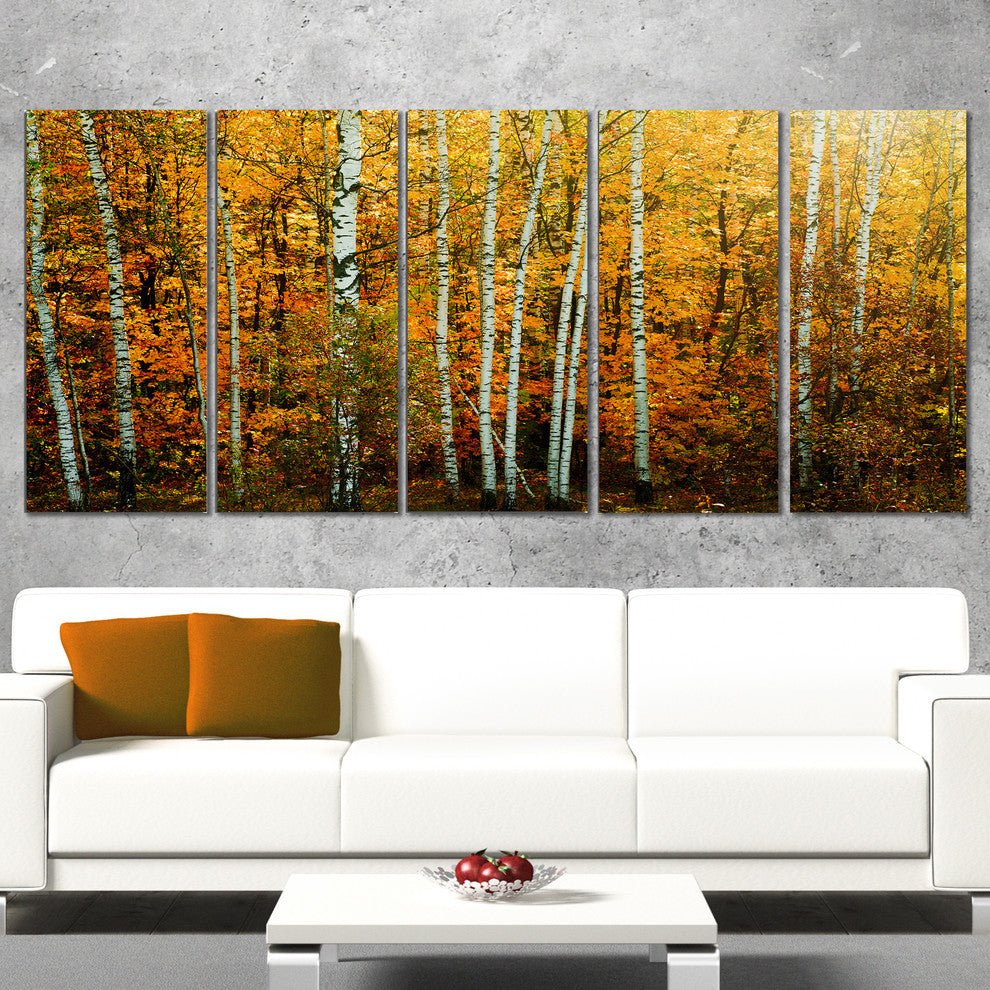 Yellow Colorful Autumn Forest, Forest Canvas Art Print, 60"x28", 5 Panels