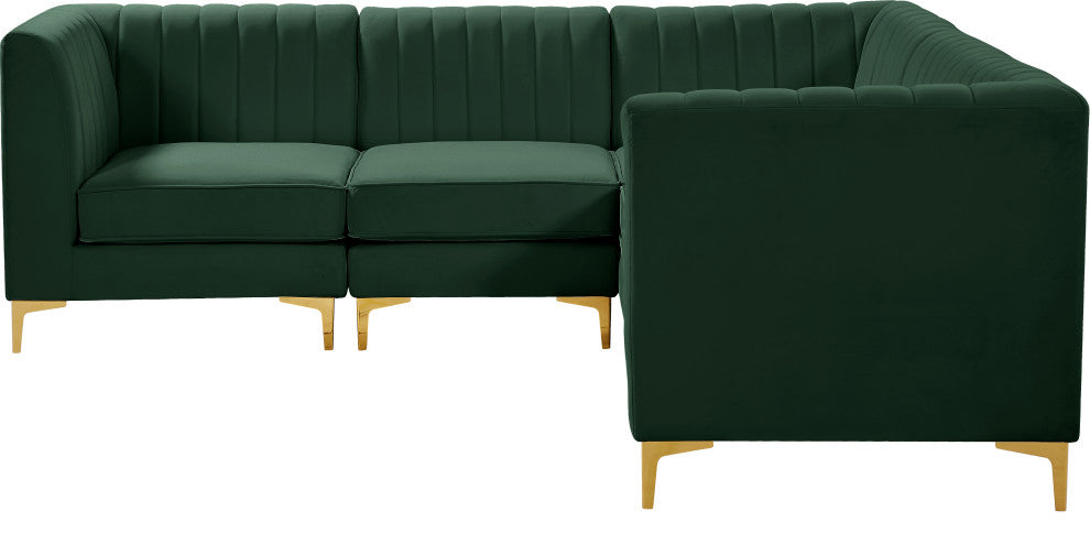Alina Velvet Modular L-Shaped Modular Sectional, Green, 5-Piece: 2 Armless Chair, 3 Corner Chair