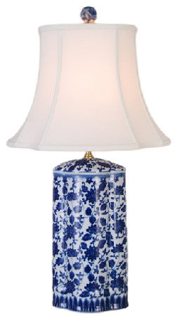 Scalloped Cylinder Porcelain Table Lamp, Blue and White